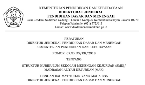 Struktur Kurikulum SMK (Perdirjen Dikdasmen No. 07/D.D5/KK/2018 tanggal 7 Juni 2018)